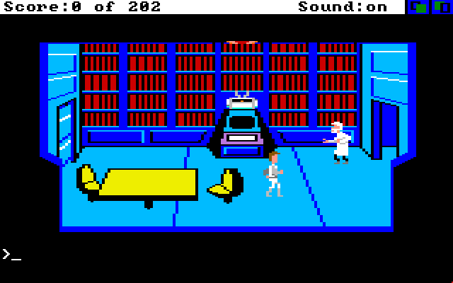 Space Quest: Chapter I - The Sarien Encounter Amiga Screenshot: This scientist is injured; it may be too late to help him...