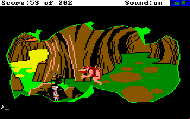Space Quest: Chapter I - The Sarien Encounter Amiga Screenshot: Hiding behind some rocks from both Orat and a spider droid.