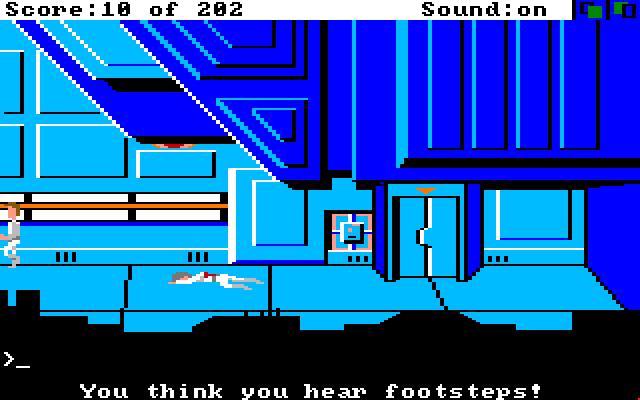 Space Quest: Chapter I - The Sarien Encounter Amiga Screenshot: I hear footsteps...I'm getting out of here!