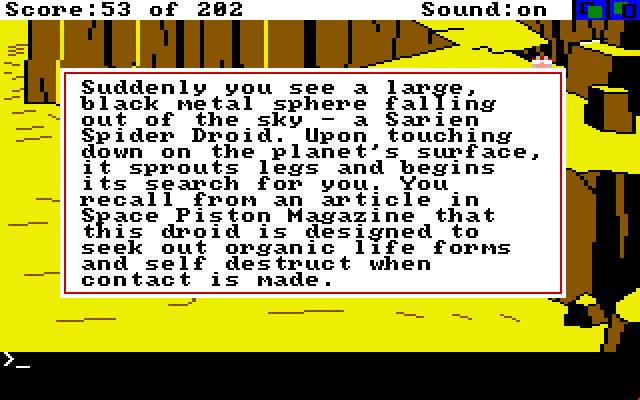 Space Quest: Chapter I - The Sarien Encounter Amiga Screenshot: A Sarien Spider Droid is here too...