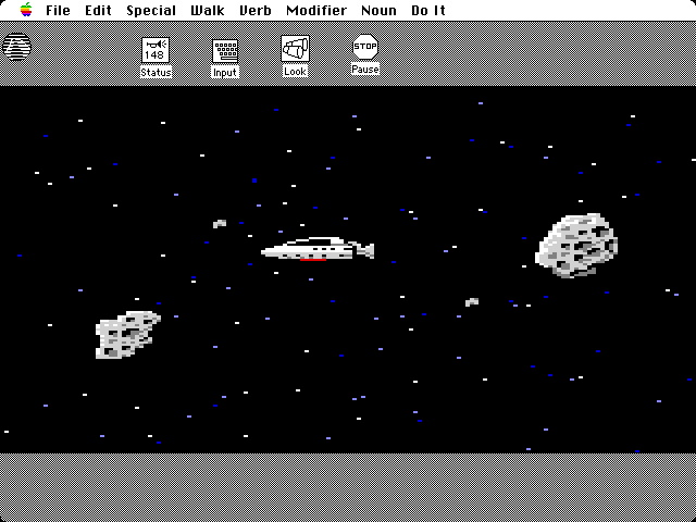 Space Quest: Chapter I - The Sarien Encounter Macintosh Screenshot: My robot guides me past the asteroids...