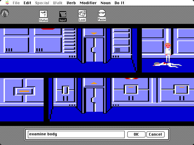 Space Quest: Chapter I - The Sarien Encounter Macintosh Screenshot: Similar to SCI games, the Mac version pauses the game when you are typing.
