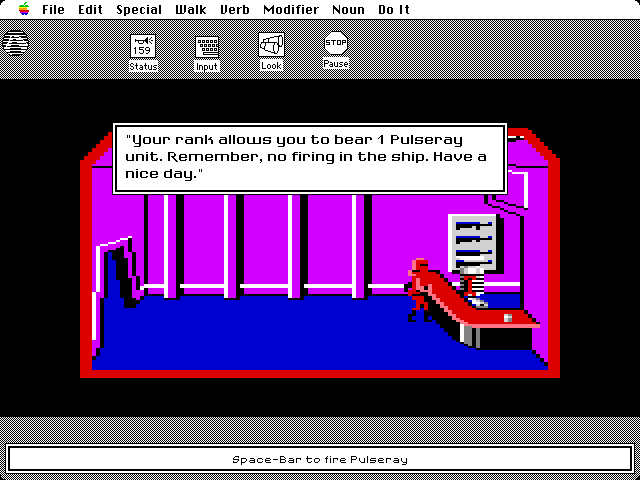 Space Quest: Chapter I - The Sarien Encounter Macintosh Screenshot: Acquired a weapon.
