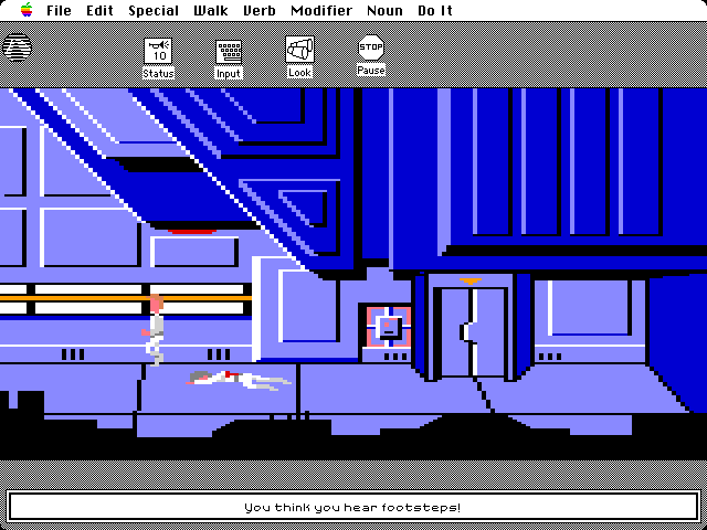 Space Quest: Chapter I - The Sarien Encounter Macintosh Screenshot: I hear footsteps! Time to get out of here fast...