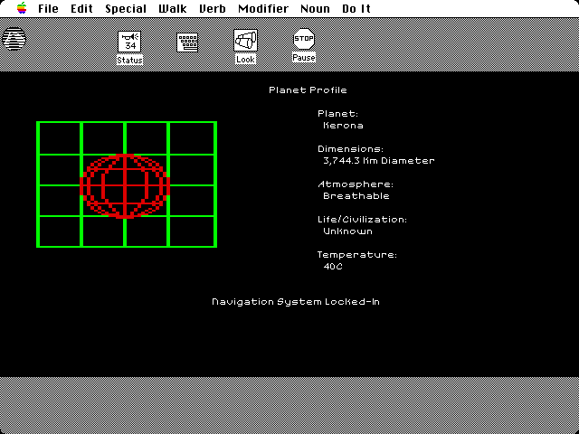 Space Quest: Chapter I - The Sarien Encounter Macintosh Screenshot: Looks like our destiination is the planet Kerona...