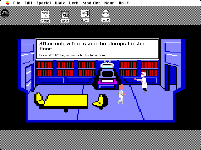 Space Quest: Chapter I - The Sarien Encounter Macintosh Screenshot: An injured scientist enters the room...