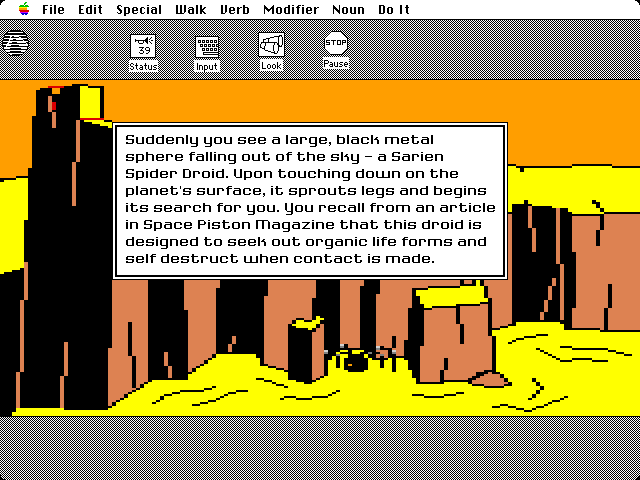 Space Quest: Chapter I - The Sarien Encounter Macintosh Screenshot: Watch out for the Sarien Spider Droid!