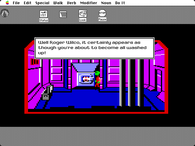 Space Quest: Chapter I - The Sarien Encounter Macintosh Screenshot: Hiding in the laundry...