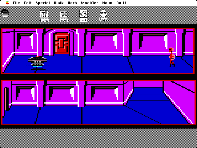 Space Quest: Chapter I - The Sarien Encounter Macintosh Screenshot: These robots leave you alone if you look like a Sarien.