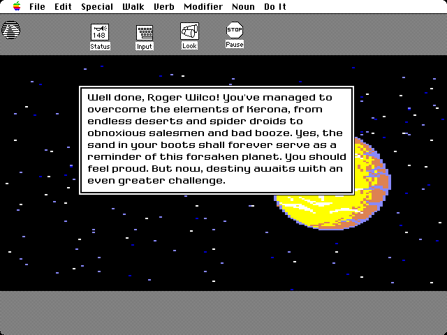 Space Quest: Chapter I - The Sarien Encounter Macintosh Screenshot: Well done, Roger! You made it this far!