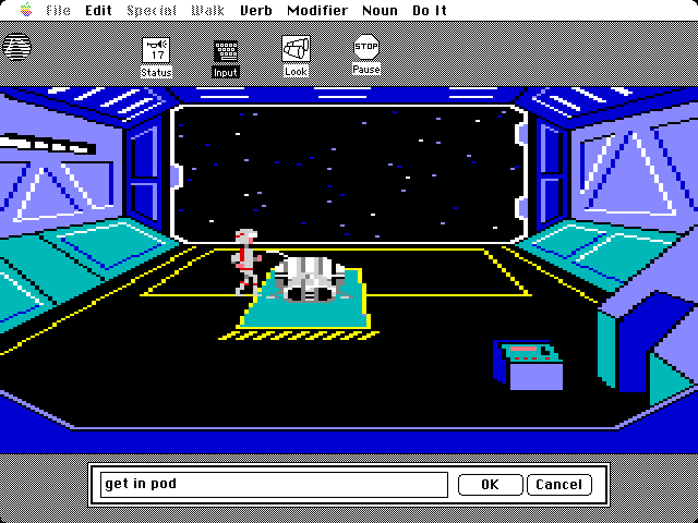 Space Quest: Chapter I - The Sarien Encounter Macintosh Screenshot: Ah, an escape pod; very useful!