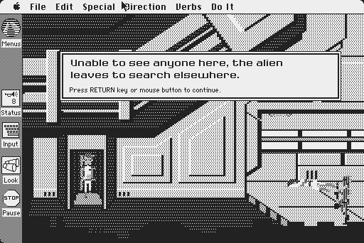 Space Quest: Chapter I - The Sarien Encounter Macintosh Screenshot: Hiding from a Sarien.