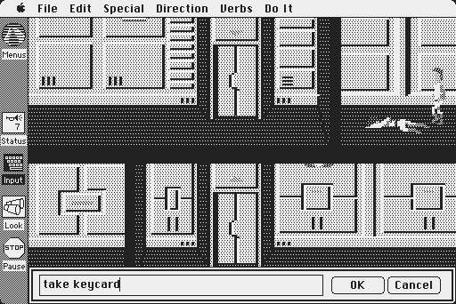 Space Quest: Chapter I - The Sarien Encounter Macintosh Screenshot: Borrowing this guys keycard...