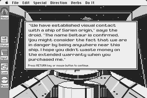 Space Quest: Chapter I - The Sarien Encounter Macintosh Screenshot: Sarien ship ahead.