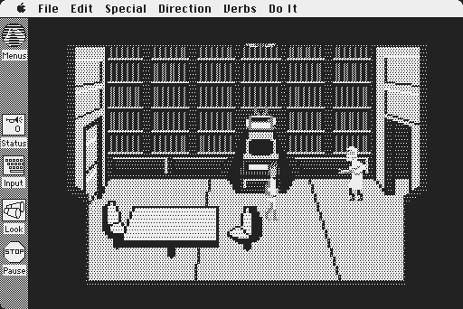 Space Quest: Chapter I - The Sarien Encounter Macintosh Screenshot: An injured scientist enters the room...