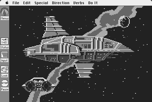 Space Quest: Chapter I - The Sarien Encounter Macintosh Screenshot: View of the Sarien ship, the Deltaur...