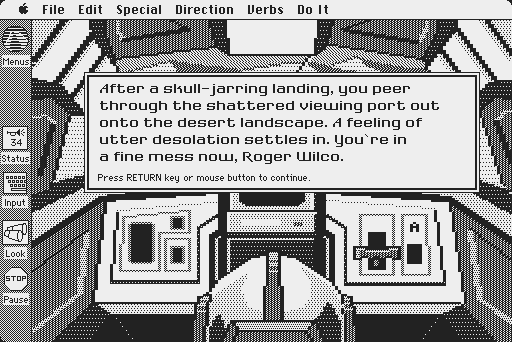 Space Quest: Chapter I - The Sarien Encounter Macintosh Screenshot: A crash landing!