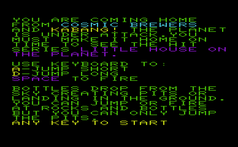 Cosmic Brewers Commodore VIC-20 Screenshot: Game instructions.
