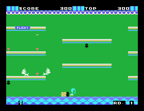 Flicky Sega SG-1000 Screenshot: Running from cats!