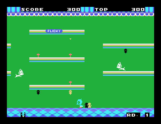 Flicky Sega SG-1000 Screenshot: Collecting the chicks...