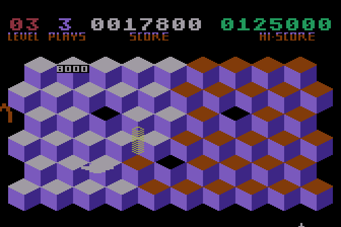 Slinky Atari 8-bit Screenshot: Slinky jumping around the board...