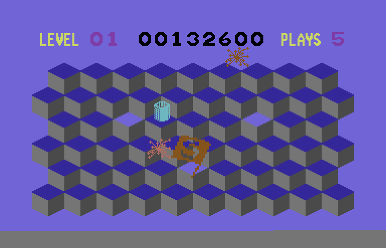 Slinky Commodore 64 Screenshot: Level completed! There's some fireworks to celebrate...