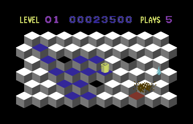 Slinky Commodore 64 Screenshot: Dusty and Ralph the raindrop appear...