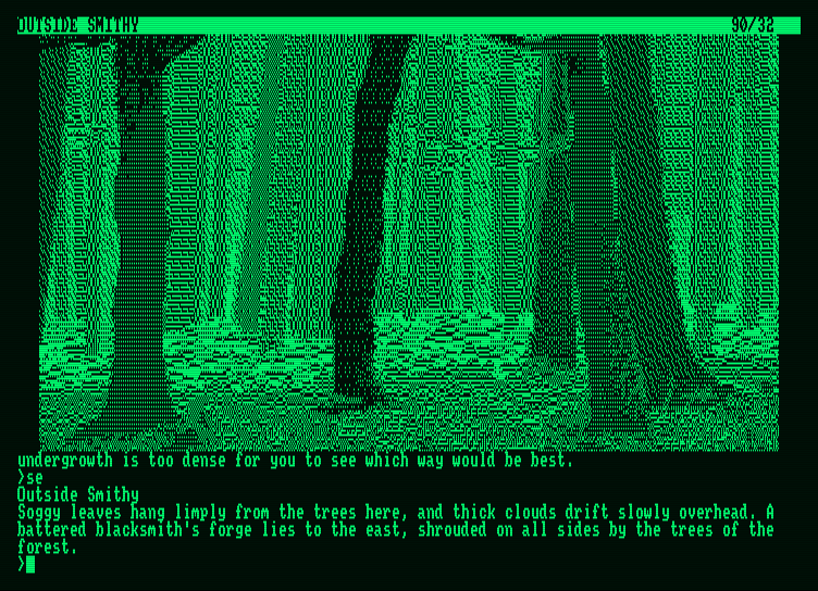 Fish Amstrad PCW Screenshot: Emerging from the forest to find a smithy...