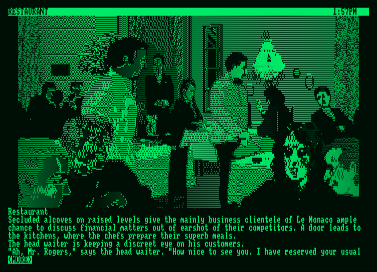 Corruption Amstrad PCW Screenshot: Stopping at the restaurant for dinner...