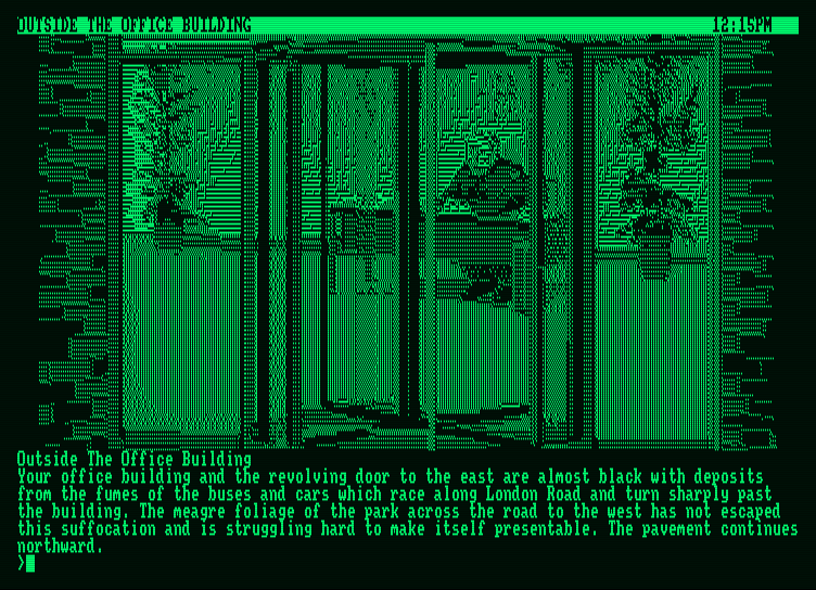 Corruption Amstrad PCW Screenshot: The outside of the office building.