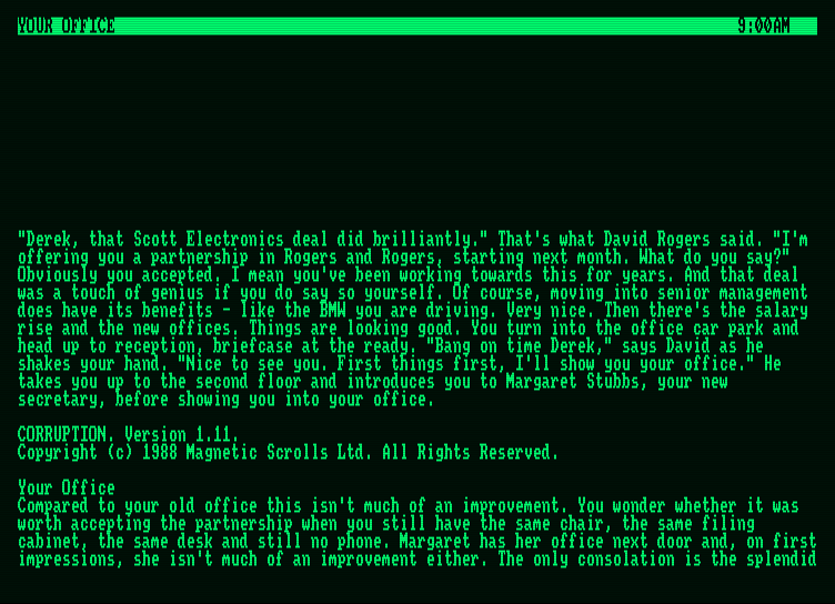 Corruption Amstrad PCW Screenshot: Game introduction.