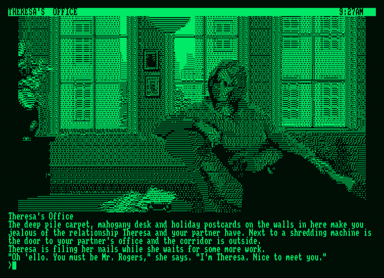 Corruption Amstrad PCW Screenshot: Stopping by Theresa's office...