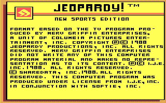 Jeopardy! New Sports Edition IBM PC/Compatibles Screenshot: Copyright screen.