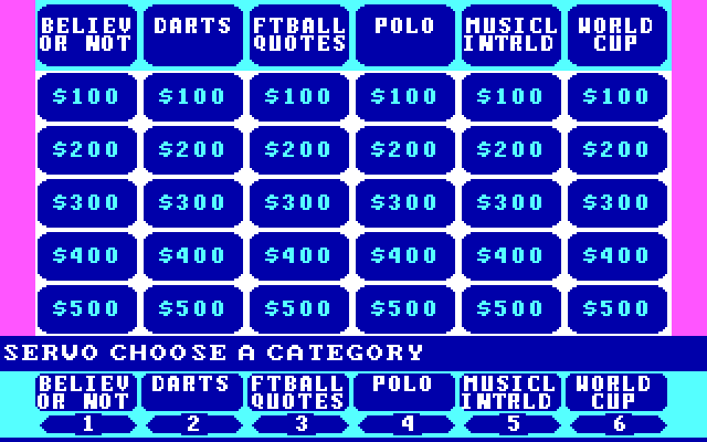 Jeopardy! New Sports Edition IBM PC/Compatibles Screenshot: Here's the categories...