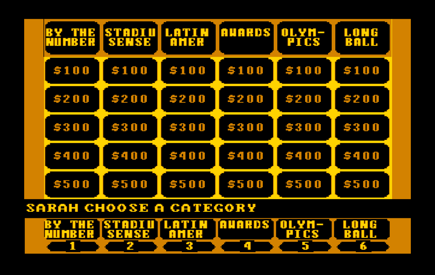 Jeopardy! New Sports Edition IBM PC/Compatibles Screenshot: Some more categories.