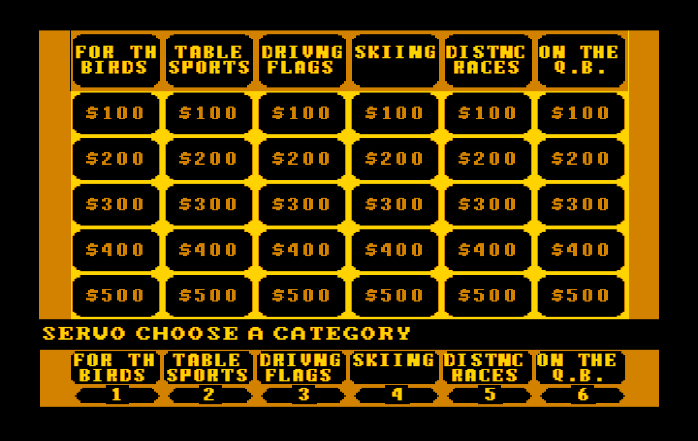 Jeopardy! New Sports Edition IBM PC/Compatibles Screenshot: Choose a category...
