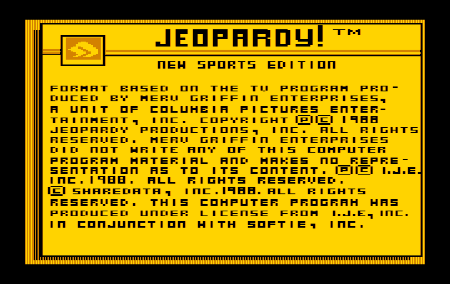 Jeopardy! New Sports Edition IBM PC/Compatibles Screenshot: Copyright screen.