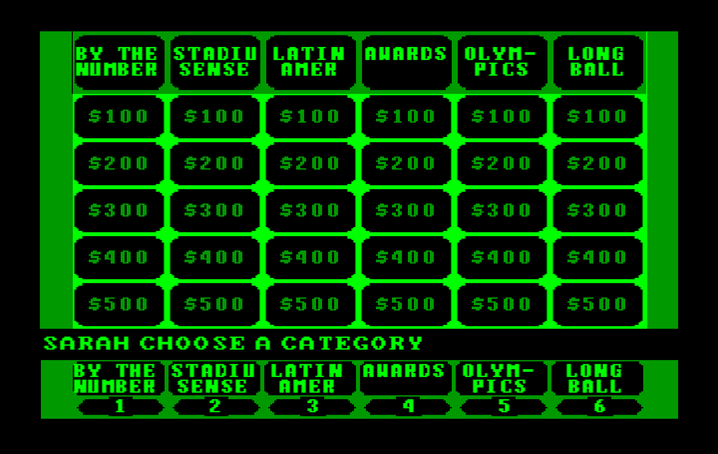 Jeopardy! New Sports Edition IBM PC/Compatibles Screenshot: Some more categories.