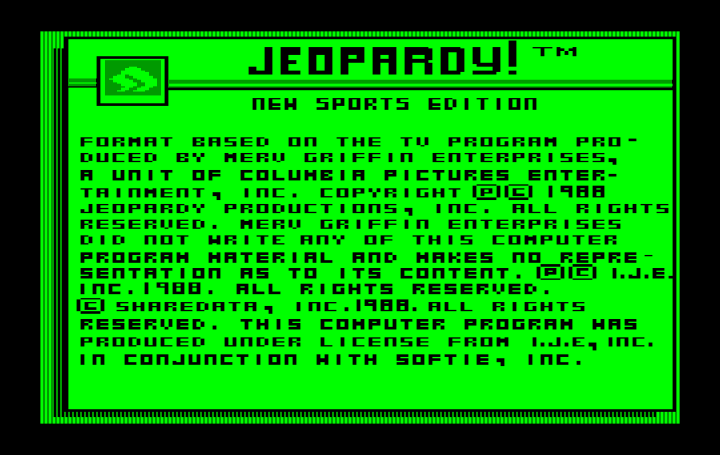 Jeopardy! New Sports Edition IBM PC/Compatibles Screenshot: Copyright screen.