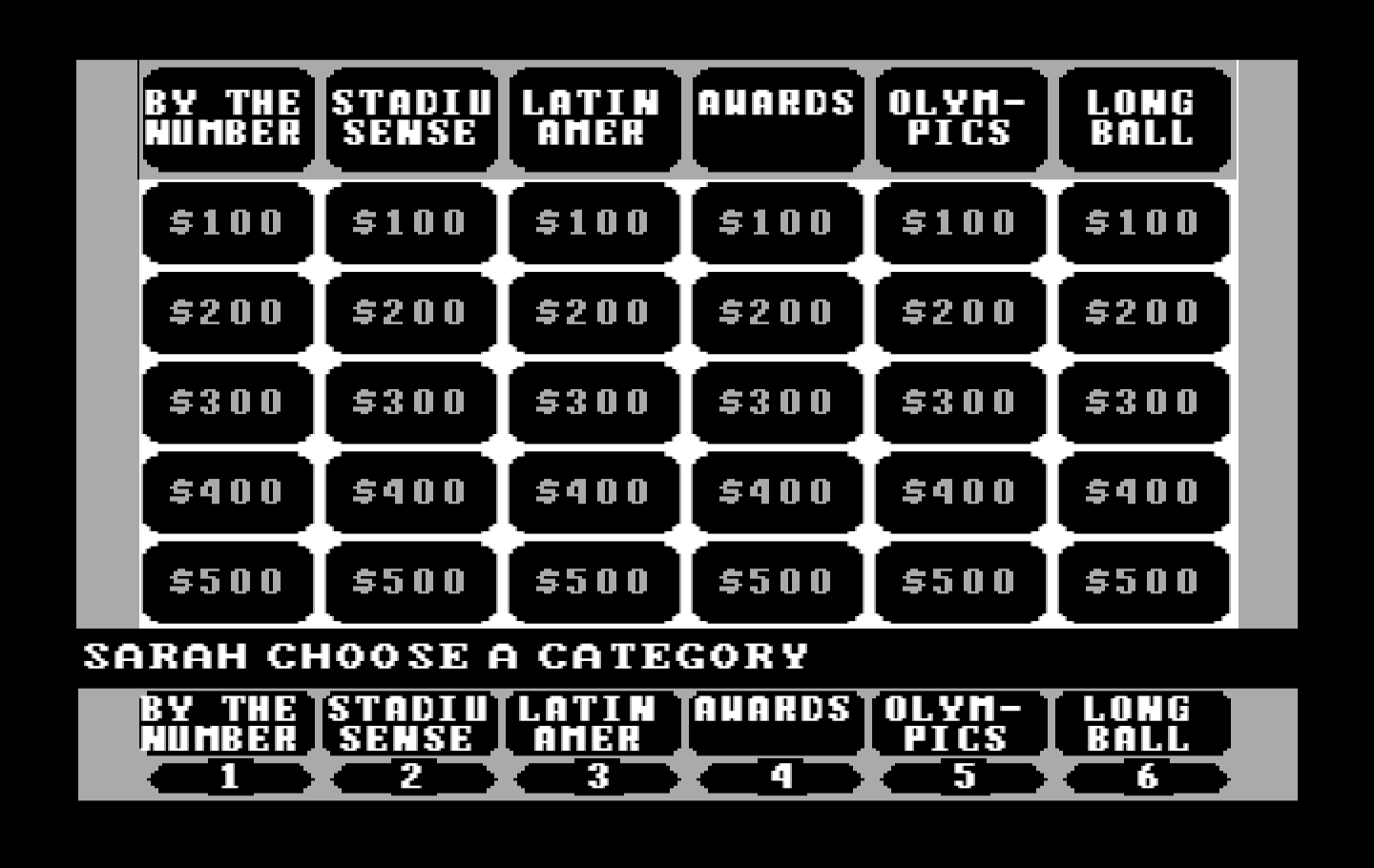 Jeopardy! New Sports Edition IBM PC/Compatibles Screenshot: Some more categories.