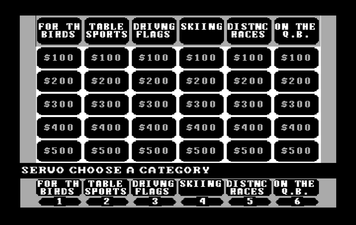 Jeopardy! New Sports Edition IBM PC/Compatibles Screenshot: Choose a category...