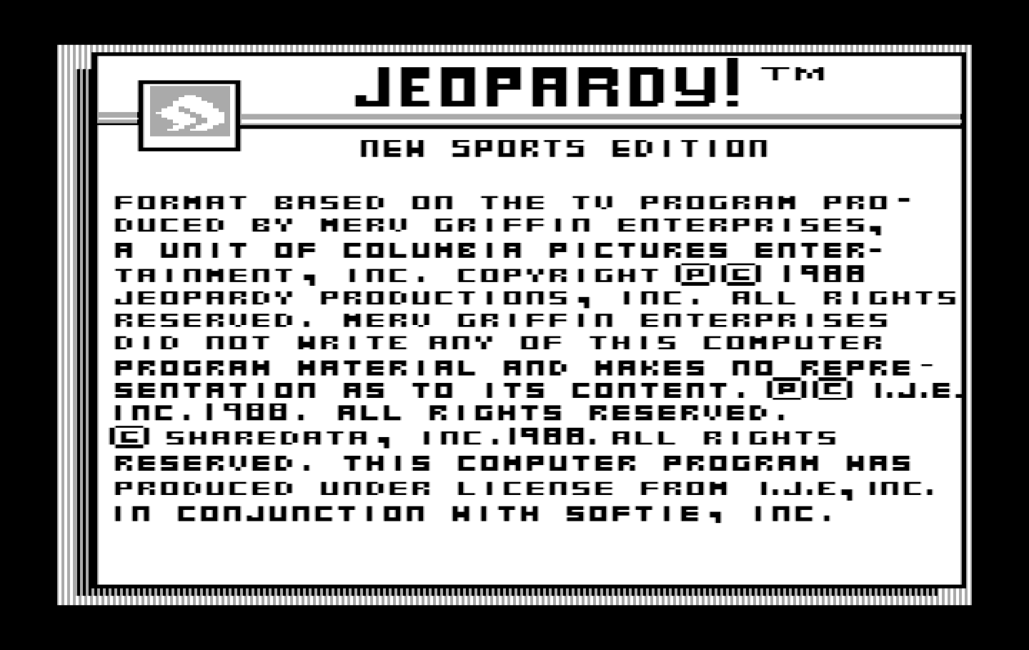 Jeopardy! New Sports Edition IBM PC/Compatibles Screenshot: Copyright screen.