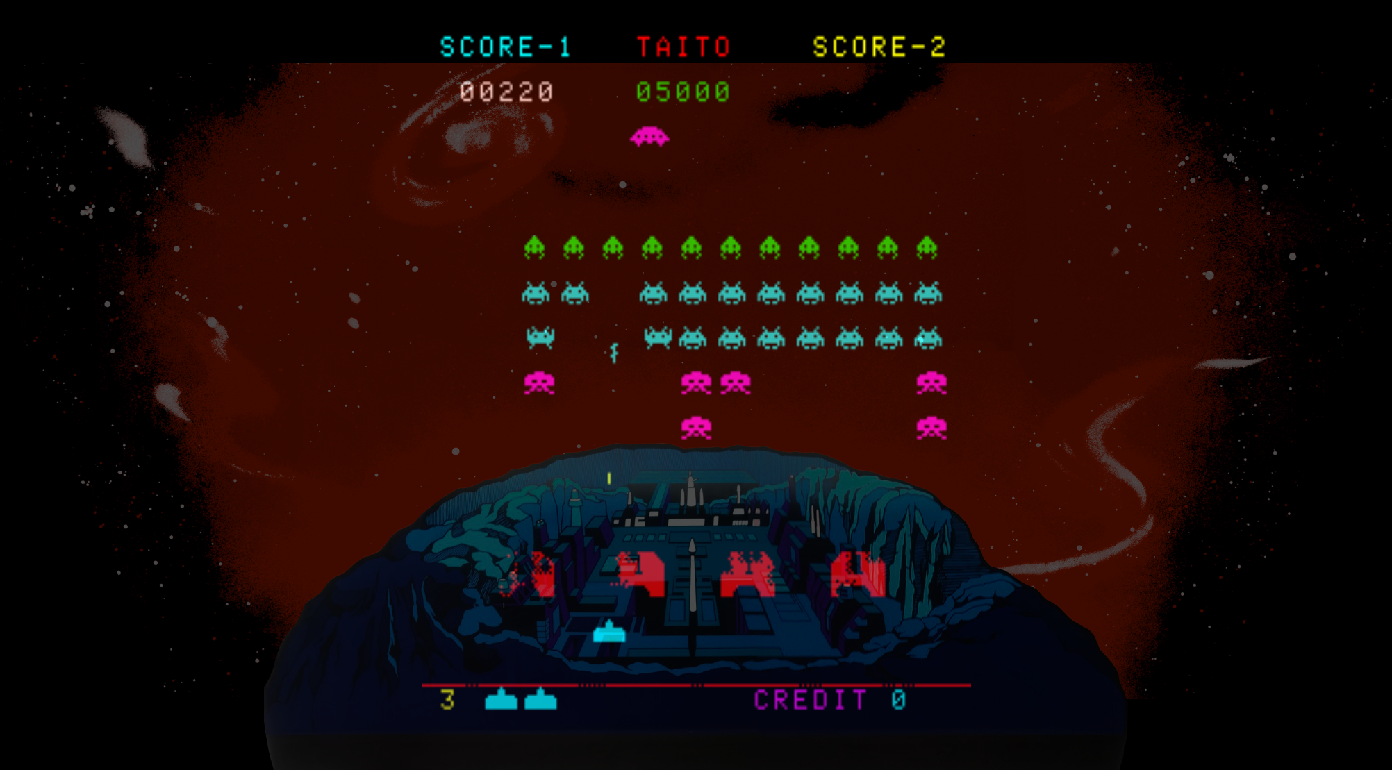 Deluxe Space Invaders Arcade Screenshot: Shoot the flying saucer for bonus points!