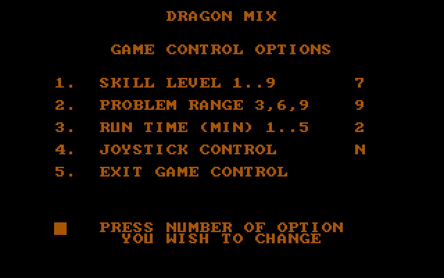 Dragon Mix IBM PC/Compatibles Screenshot: Game options screen.