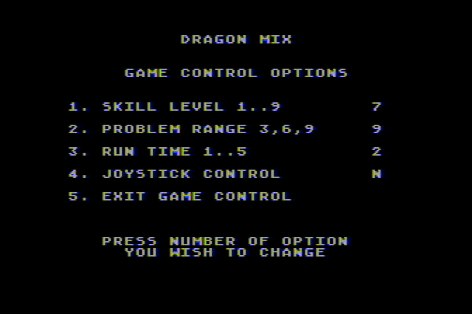 Dragon Mix Atari 8-bit Screenshot: Game options.