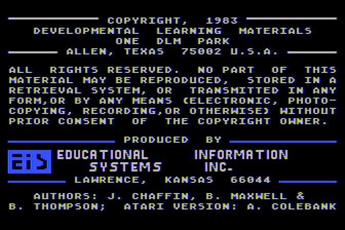 Dragon Mix Atari 8-bit Screenshot: Copyright and credits screen.