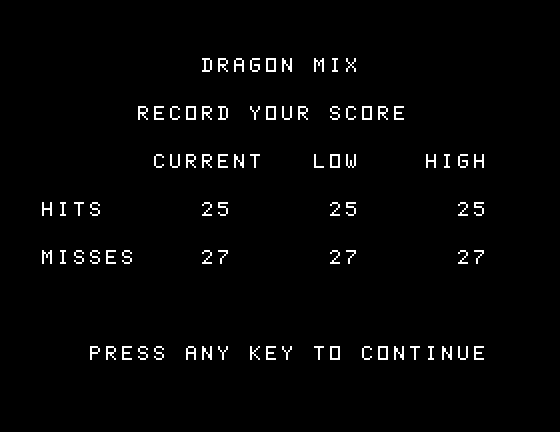 Dragon Mix TI-99/4A Screenshot: Game over.