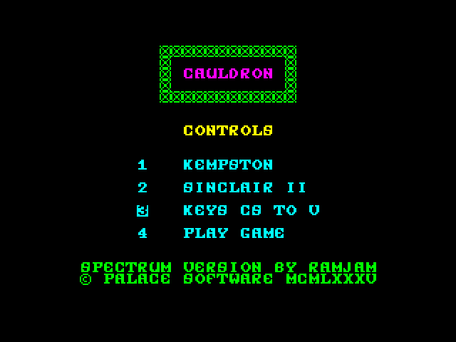 Cauldron ZX Spectrum Screenshot: The main menu.