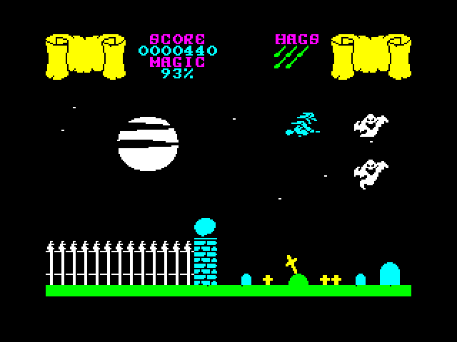 Cauldron ZX Spectrum Screenshot: Entering the graveyard...ghosts in the way!