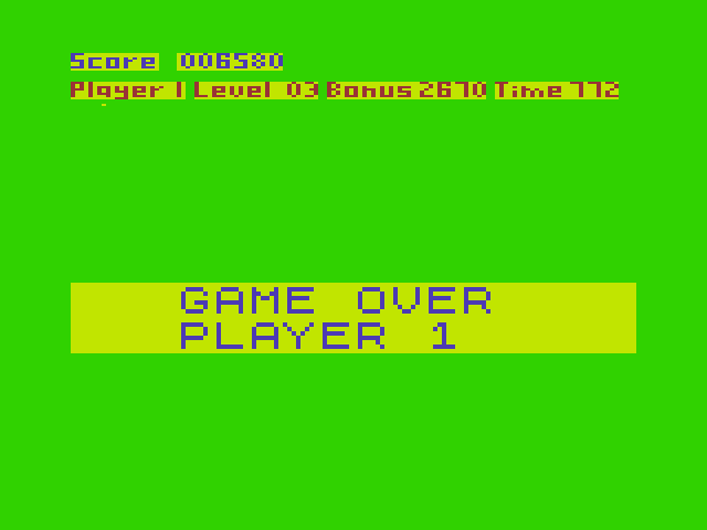Chuckie Egg Dragon 32/64 Screenshot: Game over.